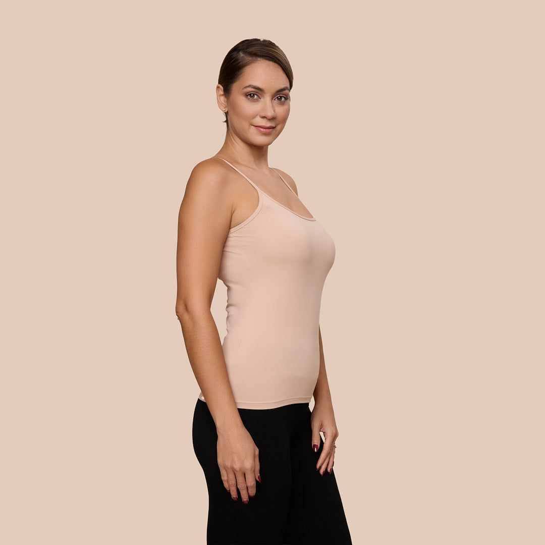 Spaghetti Strap Luxury Camisole in Ballet Nude made sustainably in the USA by Adea Clothing with silky soft Italian fabric side view