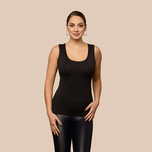 Bra-Friendly Luxury Camisole (Tank Top) in Black made sustainably in the USA by Adea Clothing with silky soft Italian fabric front view.