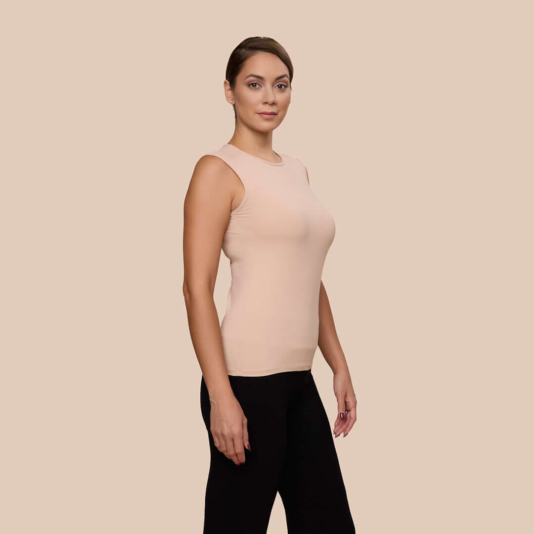 Sleeveless Crew Neck Luxury Layering Top or Shell in Ballet made sustainably in the USA by Adea Clothing with silky soft Italian fabric side view.