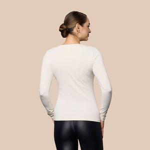 Long Sleeve Scoop Neck Luxury Layering Top or Shell in Off-White made sustainably in the USA by Adea Clothing with silky soft Italian fabric back view.