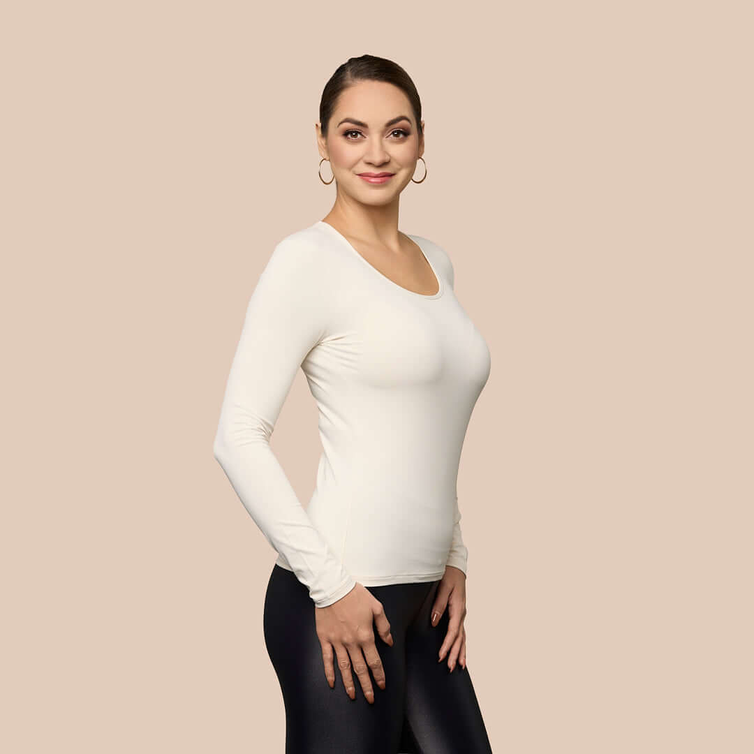 Long Sleeve Scoop Neck Luxury Layering Top or Shell in Dark Navy made sustainably in the USA by Adea Clothing with silky soft Italian fabric front view.
