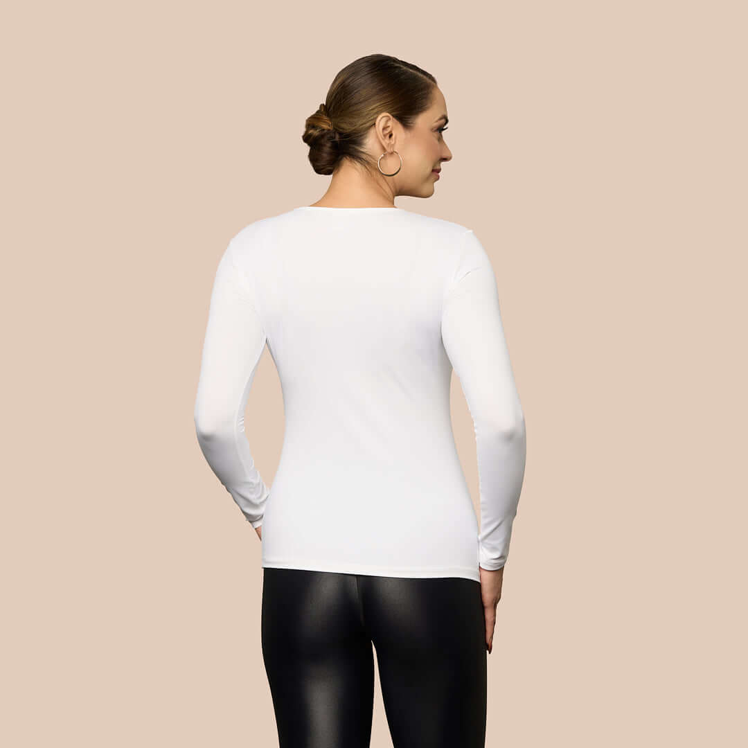 Long Sleeve Scoop Neck Luxury Layering Top or Shell in White made sustainably in the USA by Adea Clothing with silky soft Italian fabric back view.