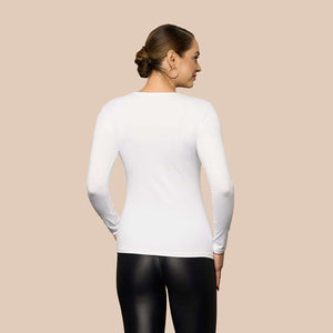 Long Sleeve Scoop Neck Luxury Layering Top or Shell in White made sustainably in the USA by Adea Clothing with silky soft Italian fabric back view.