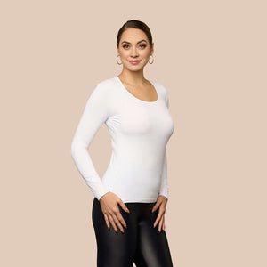 Long Sleeve Scoop Neck Luxury Layering Top or Shell in White made sustainably in the USA by Adea Clothing with silky soft Italian fabric side view.