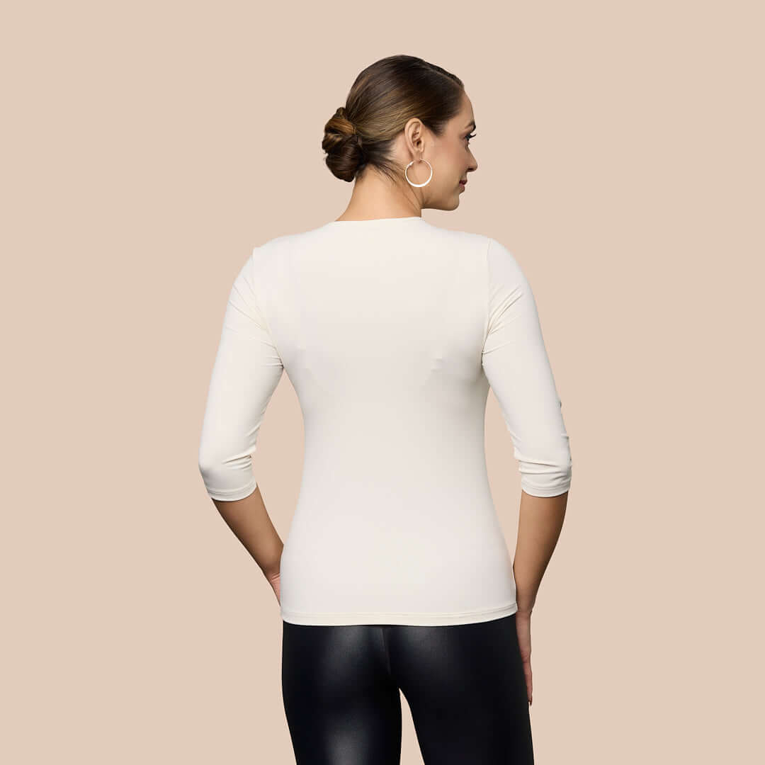3/4 Sleeve Crew Neck Luxury Layering Top or Shell in Off-White made sustainably in the USA by Adea Clothing with silky soft Italian fabric V-neck back iew.