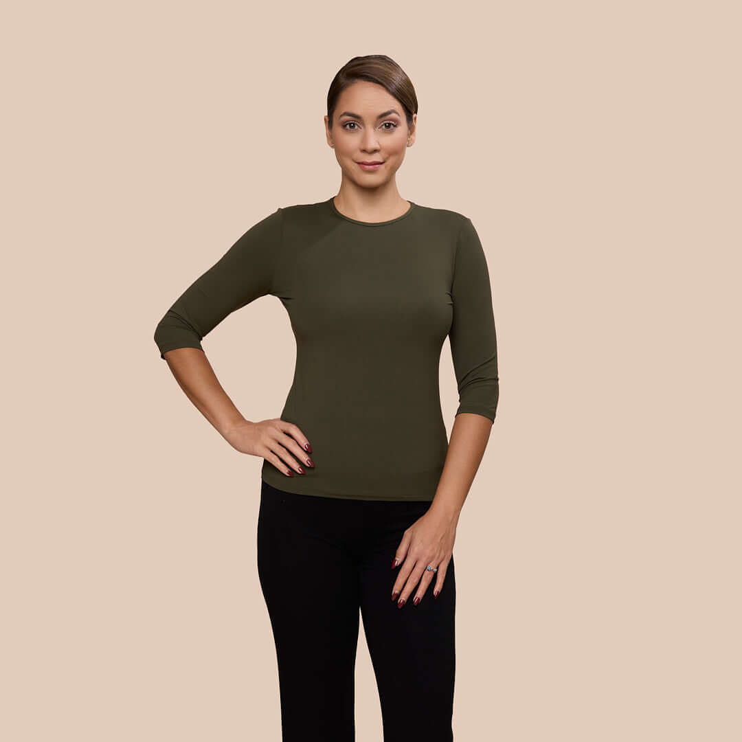 3/4 Sleeve Crew Neck Luxury Layering Top or Shell in Olive made sustainably in the USA by Adea Clothing with silky soft Italian fabric V-neck front view.