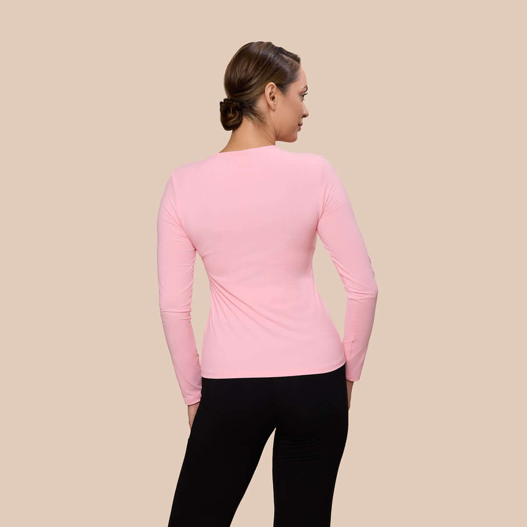 Long Sleeve Crew Neck Luxury Layering Top or Shell in Pretty Pink ade sustainably in the USA by Adea Clothing with silky soft Italian fabric back view.