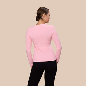 Long Sleeve Crew Neck Luxury Layering Top or Shell in Pretty Pink ade sustainably in the USA by Adea Clothing with silky soft Italian fabric back view.
