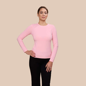 Long Sleeve Crew Neck Luxury Layering Top or Shell in Pretty Pink made sustainably in the USA by Adea Clothing with silky soft Italian fabric front view.
