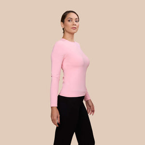 Long Sleeve Crew Neck Luxury Layering Top or Shell in Pretty Pink made sustainably in the USA by Adea Clothing with silky soft Italian fabric side view.