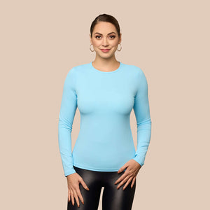 Long Sleeve Crew Neck Luxury Layering Top or Shell in Sky Blue made sustainably in the USA by Adea Clothing with silky soft Italian fabric front view.