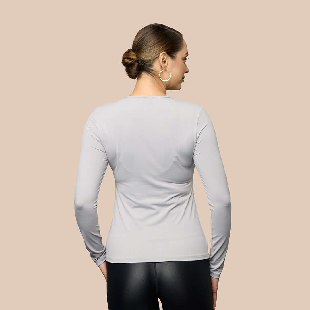 Long Sleeve Crew Neck Luxury Layering Top or Shell in Light Grey made sustainably in the USA by Adea Clothing with silky soft Italian fabric back view.