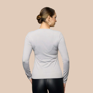 Long Sleeve Crew Neck Luxury Layering Top or Shell in Light Grey made sustainably in the USA by Adea Clothing with silky soft Italian fabric back view.
