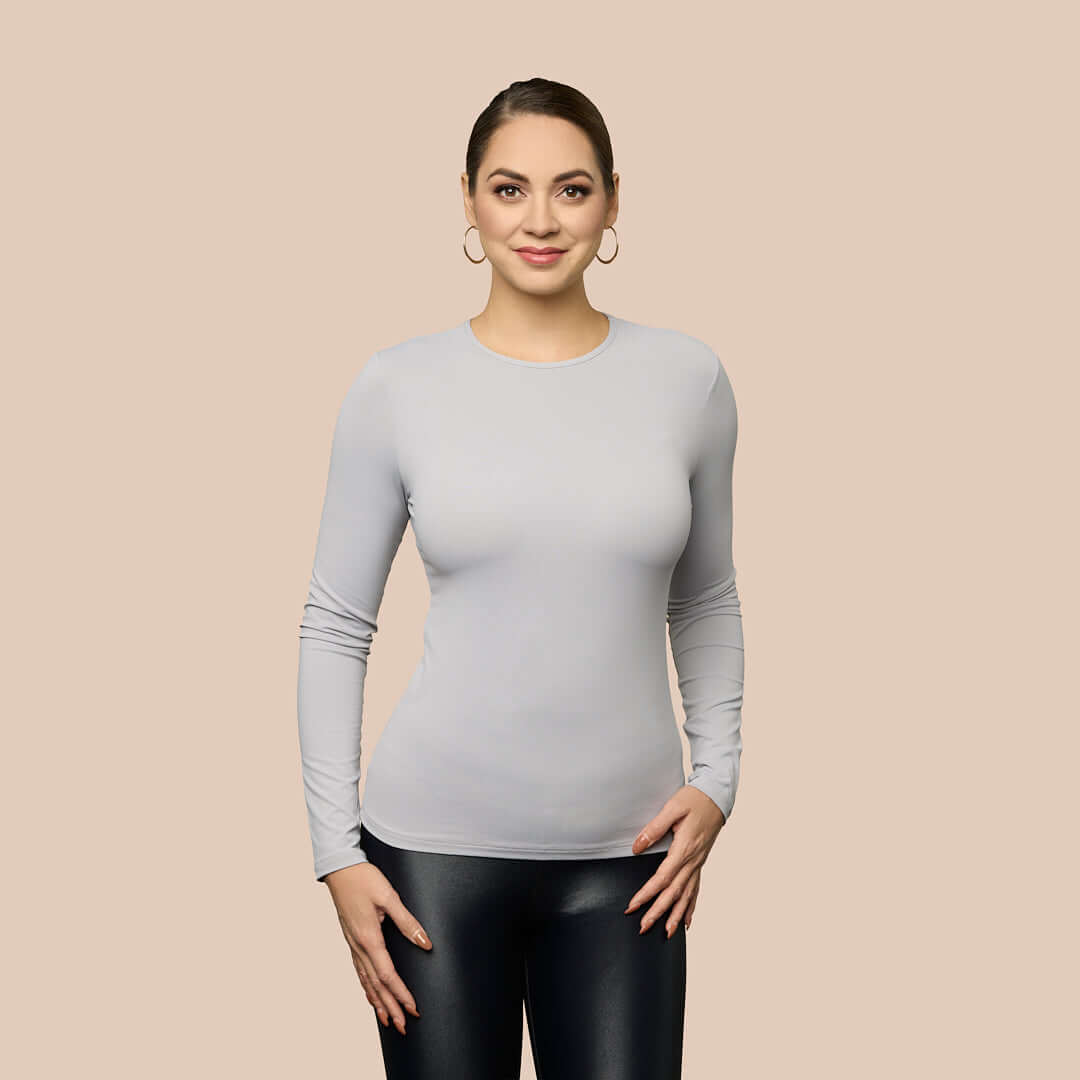 Long Sleeve Crew Neck Luxury Layering Top or Shell in Light Grey made sustainably in the USA by Adea Clothing with silky soft Italian fabric front view.