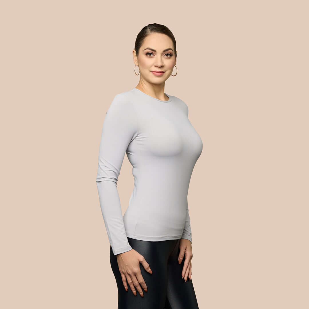 Long Sleeve Crew Neck Luxury Layering Top or Shell in Light Grey made sustainably in the USA by Adea Clothing with silky soft Italian fabric side view.