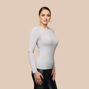 Long Sleeve Crew Neck Luxury Layering Top or Shell in Light Grey made sustainably in the USA by Adea Clothing with silky soft Italian fabric side view.