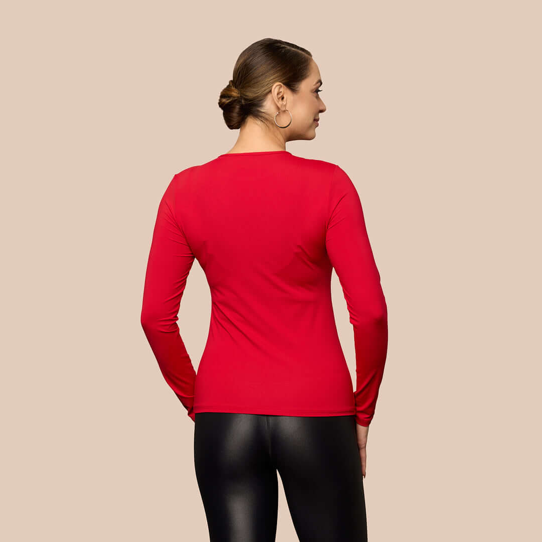 Long Sleeve Crew Neck Luxury Layering Top or Shell in Redrose made sustainably in the USA by Adea Clothing with silky soft Italian fabric back view.