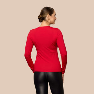 Long Sleeve Crew Neck Luxury Layering Top or Shell in Redrose made sustainably in the USA by Adea Clothing with silky soft Italian fabric back view.