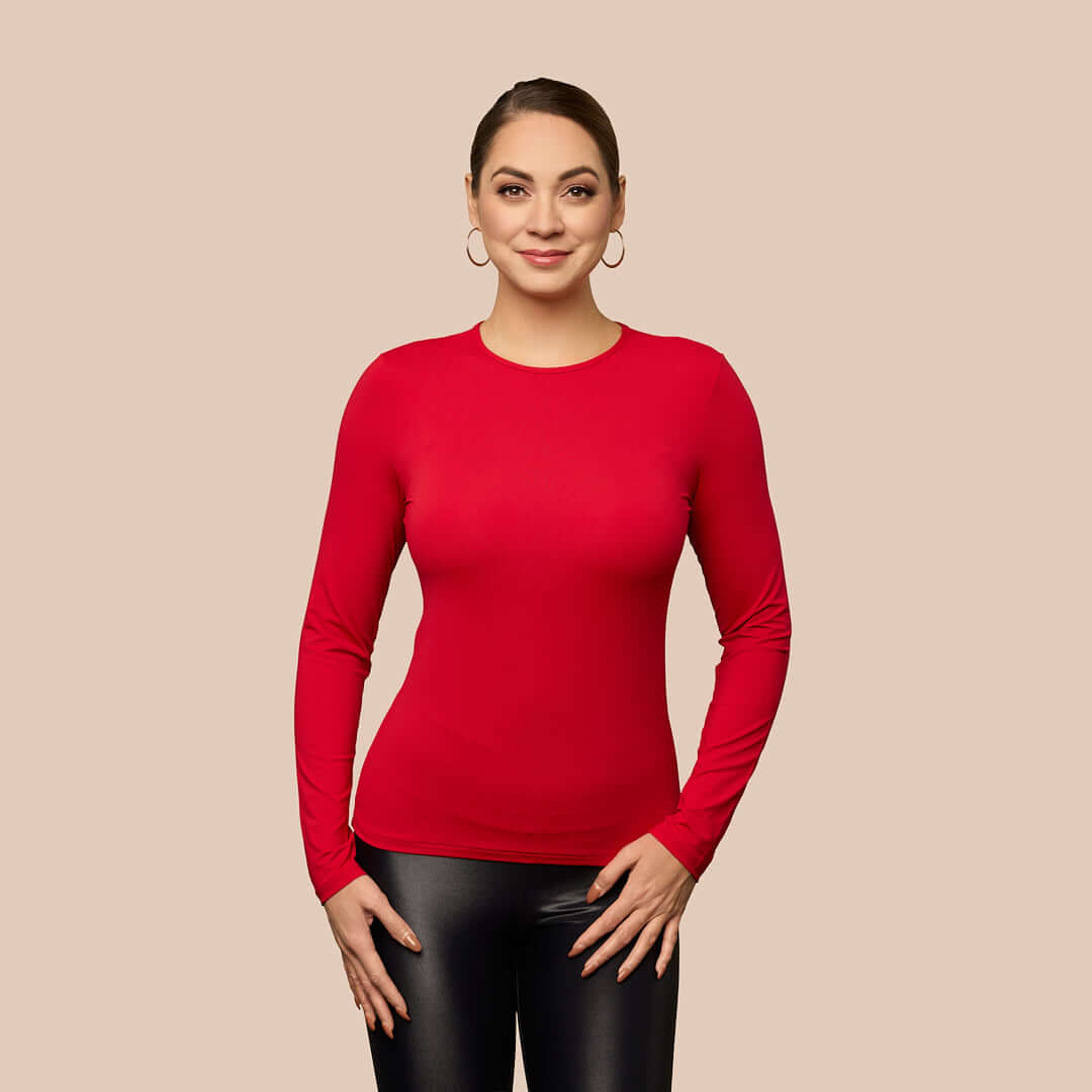 Long Sleeve Crew Neck Luxury Layering Top or Shell in Redrose made sustainably in the USA by Adea Clothing with silky soft Italian fabric front view.
