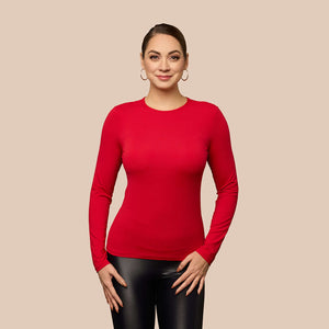 Long Sleeve Crew Neck Luxury Layering Top or Shell in Redrose made sustainably in the USA by Adea Clothing with silky soft Italian fabric front view.