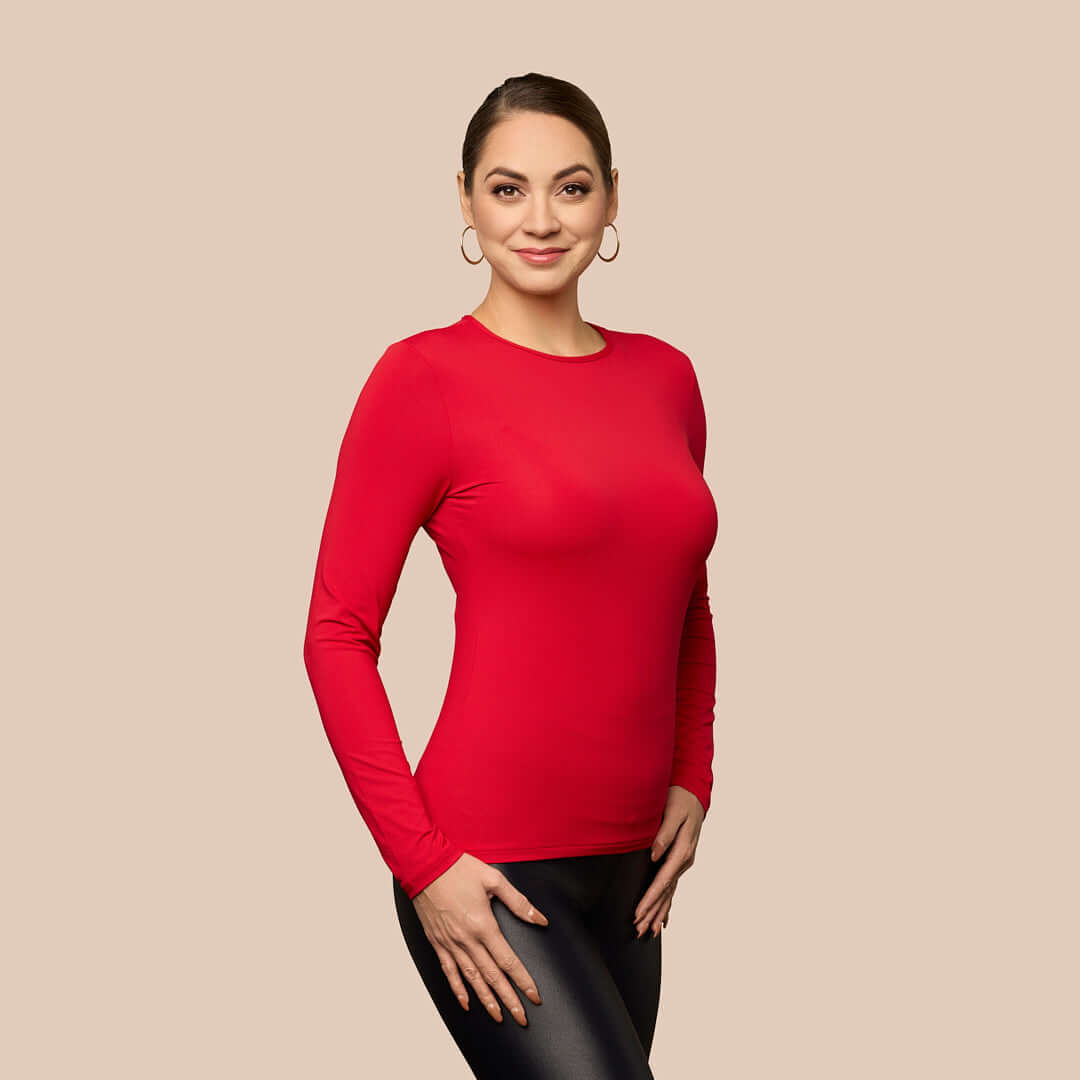 Long Sleeve Crew Neck Luxury Layering Top or Shell in Redrose made sustainably in the USA by Adea Clothing with silky soft Italian fabric side view.