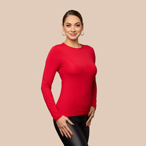 Long Sleeve Crew Neck Luxury Layering Top or Shell in Redrose made sustainably in the USA by Adea Clothing with silky soft Italian fabric side view.