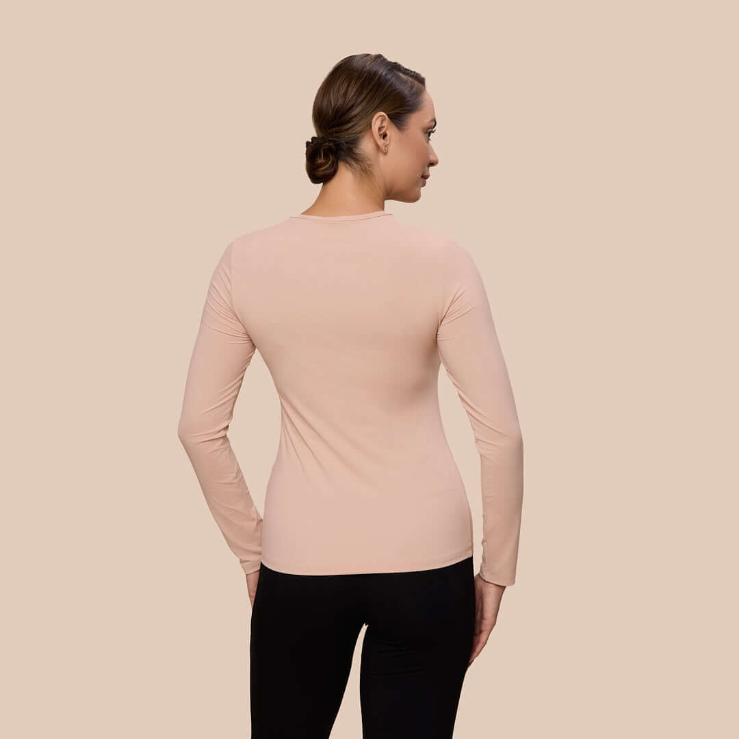 Long Sleeve Crew Neck Luxury Layering Top or Shell in Ballet made sustainably in the USA by Adea Clothing with silky soft Italian fabric back view.