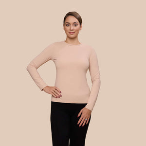 Long Sleeve Crew Neck Luxury Layering Top or Shell in Ballet made sustainably in the USA by Adea Clothing with silky soft Italian fabric front view.