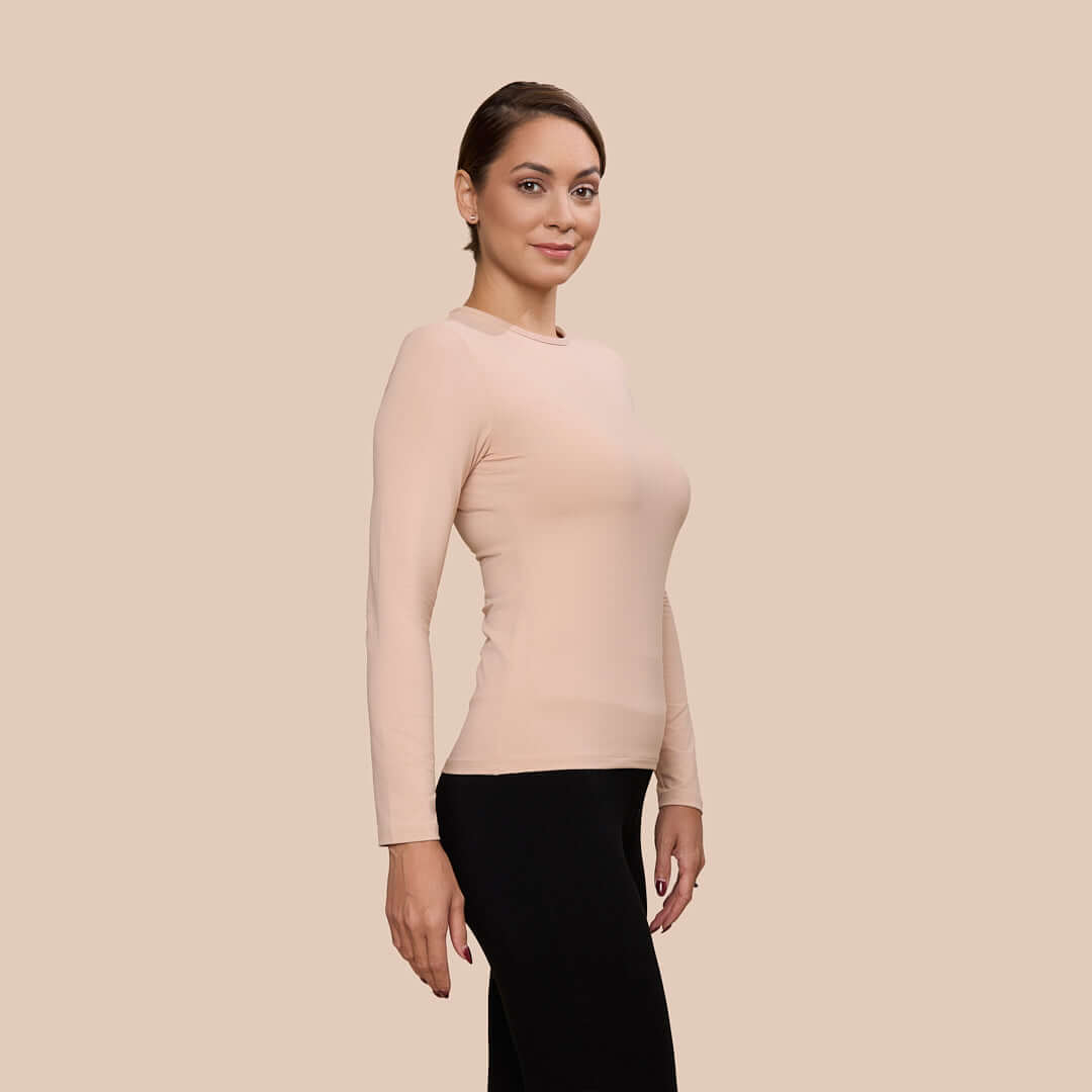 Long Sleeve Crew Neck Luxury Layering Top or Shell in Ballet made sustainably in the USA by Adea Clothing with silky soft Italian fabric side view.