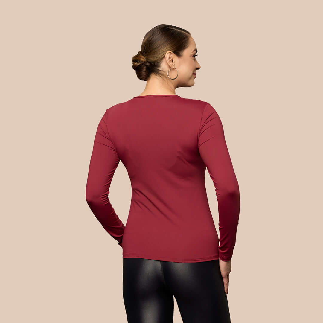 Long Sleeve Crew Neck Luxury Layering Top or Shell in Oxblood made sustainably in the USA by Adea Clothing with silky soft Italian fabric back view.