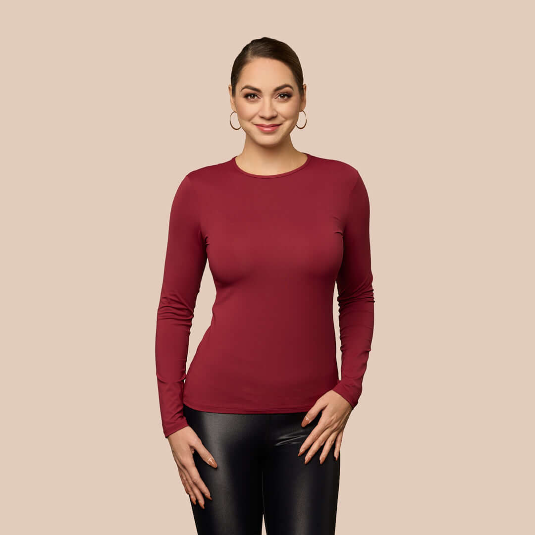 Long Sleeve Crew Neck Luxury Layering Top or Shell in Black made sustainably in the USA by Adea Clothing with silky soft Italian fabric front view.