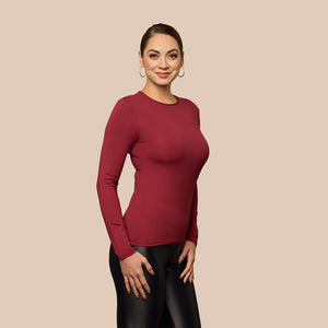 Long Sleeve Crew Neck Luxury Layering Top or Shell in Oxblood made sustainably in the USA by Adea Clothing with silky soft Italian fabric side view.