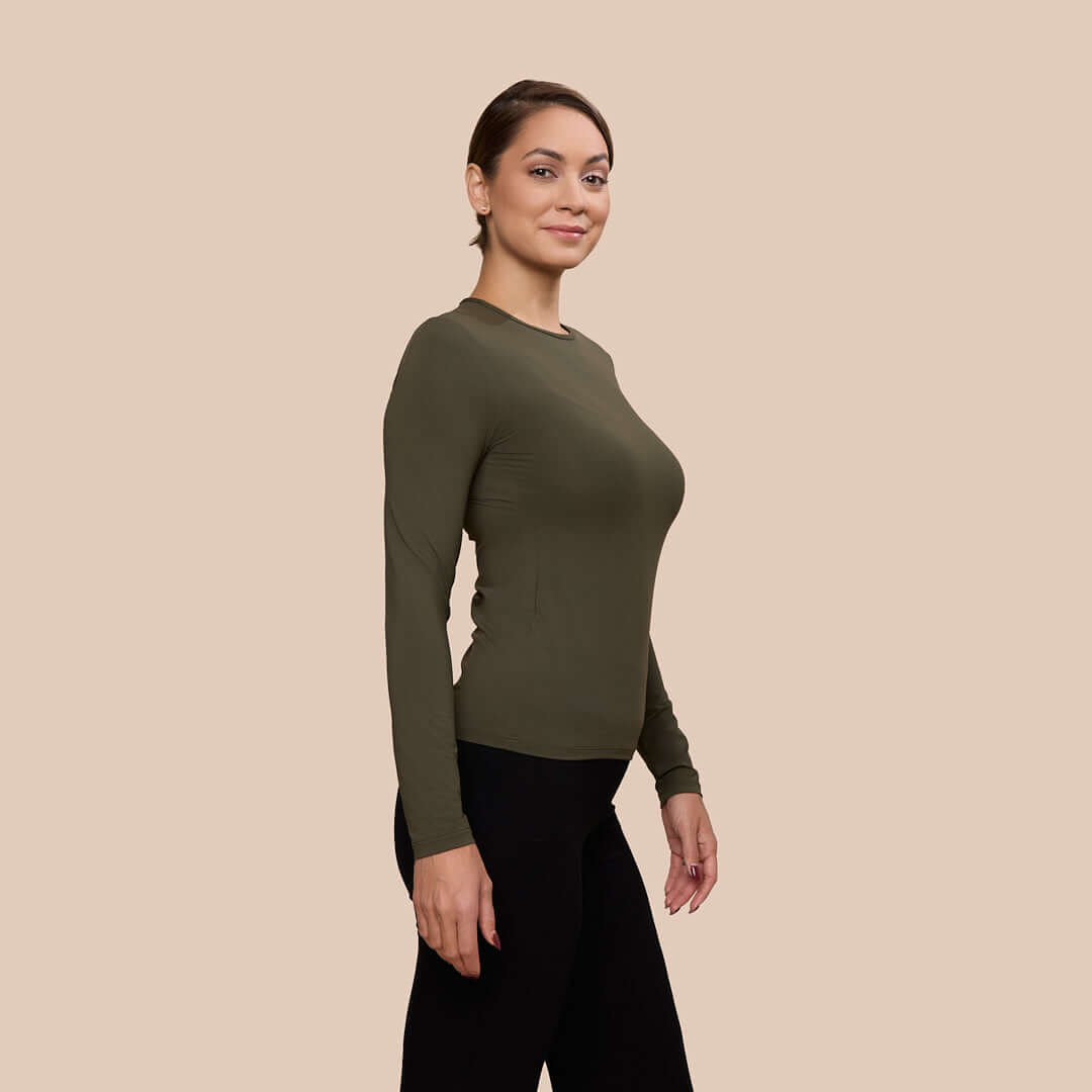 Long Sleeve Crew Neck Luxury Layering Top or Shell in Olive made sustainably in the USA by Adea Clothing with silky soft Italian fabric side view.