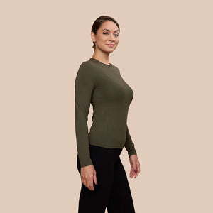 Long Sleeve Crew Neck Luxury Layering Top or Shell in Olive made sustainably in the USA by Adea Clothing with silky soft Italian fabric side view.