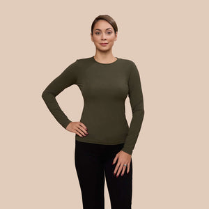 Long Sleeve Crew Neck Luxury Layering Top or Shell in Olive made sustainably in the USA by Adea Clothing with silky soft Italian fabric front view.