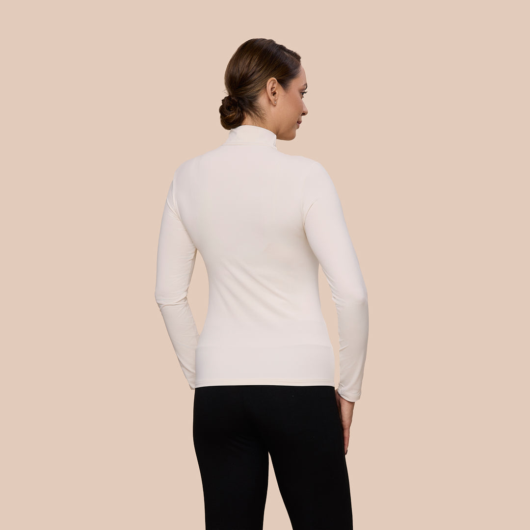 Mock Neck Long Sleeve Luxury Layering Top or Shell in Off-White made sustainably in the USA by Adea Clothing with silky soft Italian fabric back view.