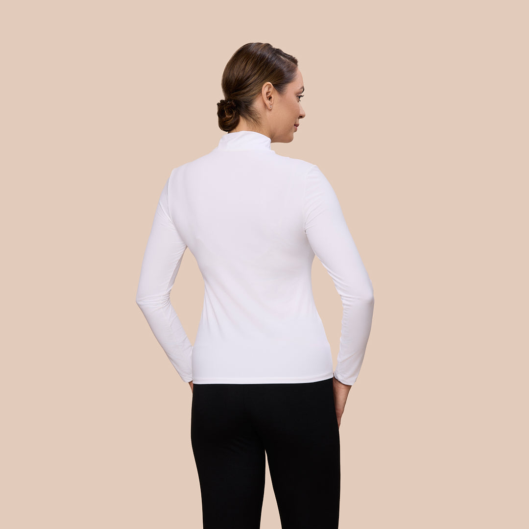 Mock Neck Long Sleeve Luxury Layering Top or Shell in Charcoal made sustainably in the USA by Adea Clothing with silky soft Italian fabric back view.
