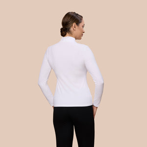 Mock Neck Long Sleeve Luxury Layering Top or Shell in Charcoal made sustainably in the USA by Adea Clothing with silky soft Italian fabric back view.