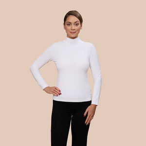 Mock Neck Long Sleeve Luxury Layering Top or Shell in White made sustainably in the USA by Adea Clothing with silky soft Italian fabric front view.