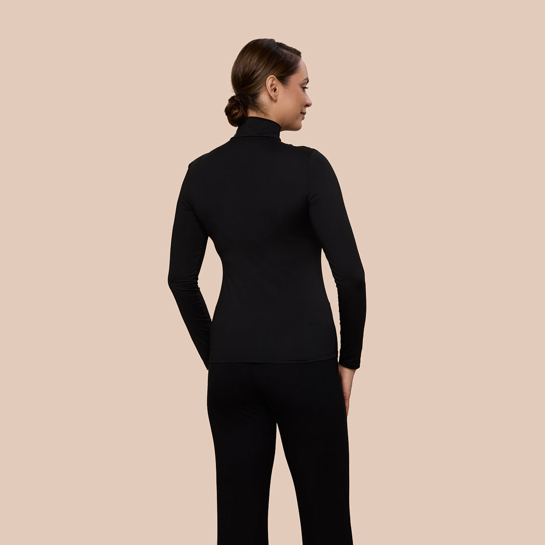 Mock Neck Long Sleeve Luxury Layering Top or Shell in Black made sustainably in the USA by Adea Clothing with silky soft Italian fabric back view.