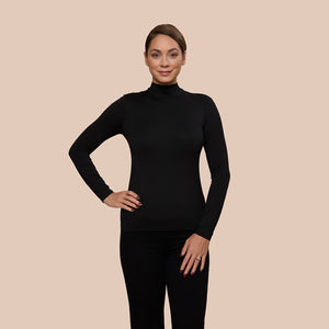 Mock Neck Long Sleeve Luxury Layering Top or Shell in Black made sustainably in the USA by Adea Clothing with silky soft Italian fabric front view.