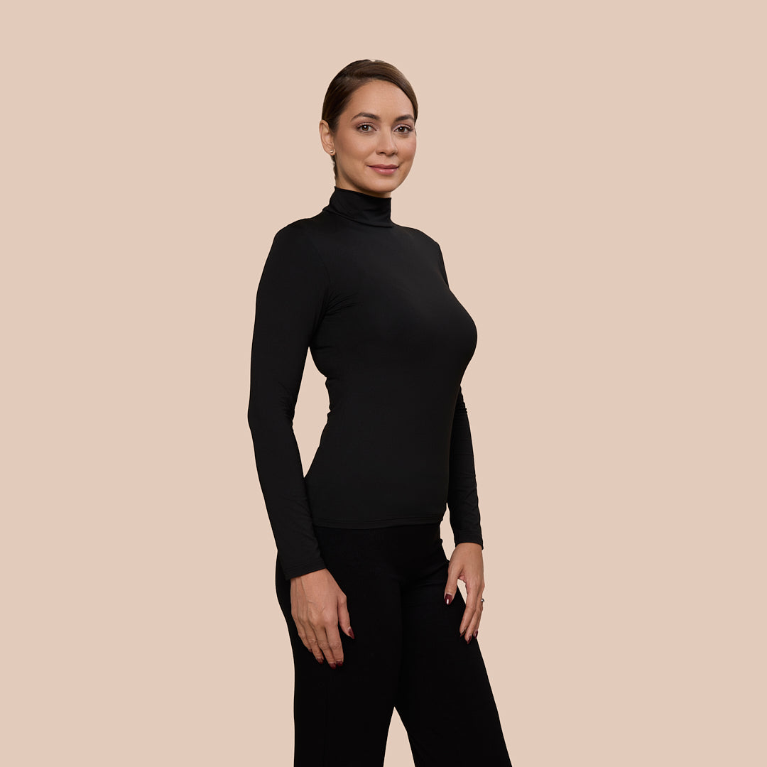 Mock Neck Long Sleeve Luxury Layering Top or Shell in Black made sustainably in the USA by Adea Clothing with silky soft Italian fabric side view.