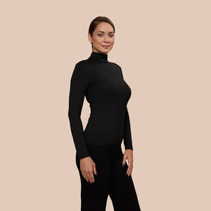 Mock Neck Long Sleeve Luxury Layering Top or Shell in Black made sustainably in the USA by Adea Clothing with silky soft Italian fabric side view.
