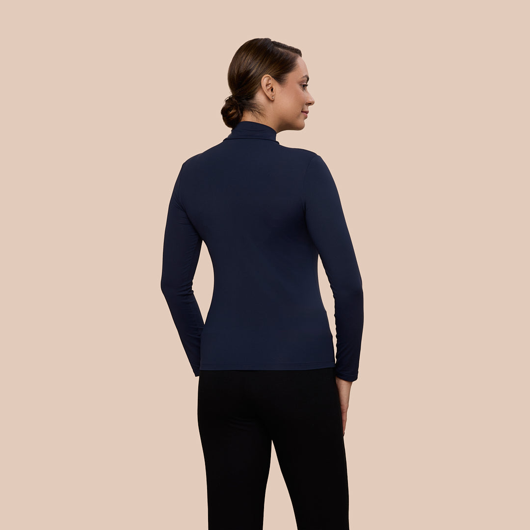 Mock Neck Long Sleeve Luxury Layering Top or Shell in Dark Navy made sustainably in the USA by Adea Clothing with silky soft Italian fabric back view.