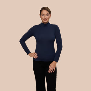 Mock Neck Long Sleeve Luxury Layering Top or Shell in Dark Navy made sustainably in the USA by Adea Clothing with silky soft Italian fabric front view.