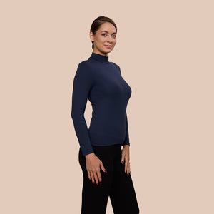 Mock Neck Long Sleeve Luxury Layering Top or Shell in Darl Navy made sustainably in the USA by Adea Clothing with silky soft Italian fabric side view.