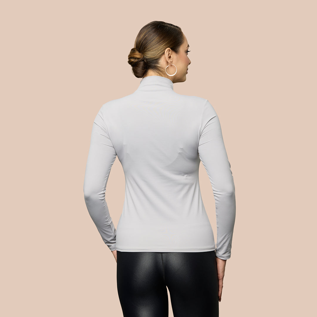 Mock Neck Long Sleeve Luxury Layering Top or Shell in Stone made sustainably in the USA by Adea Clothing with silky soft Italian fabric back view.