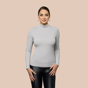 Mock Neck Long Sleeve Luxury Layering Top or Shell in Stone made sustainably in the USA by Adea Clothing with silky soft Italian fabric front view.