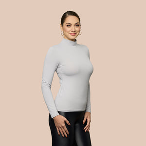 Mock Neck Long Sleeve Luxury Layering Top or Shell in Stone made sustainably in the USA by Adea Clothing with silky soft Italian fabric side view.