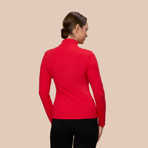 Mock Neck Long Sleeve Luxury Layering Top or Shell in Bright Red made sustainably in the USA by Adea Clothing with silky soft Italian fabric back view.